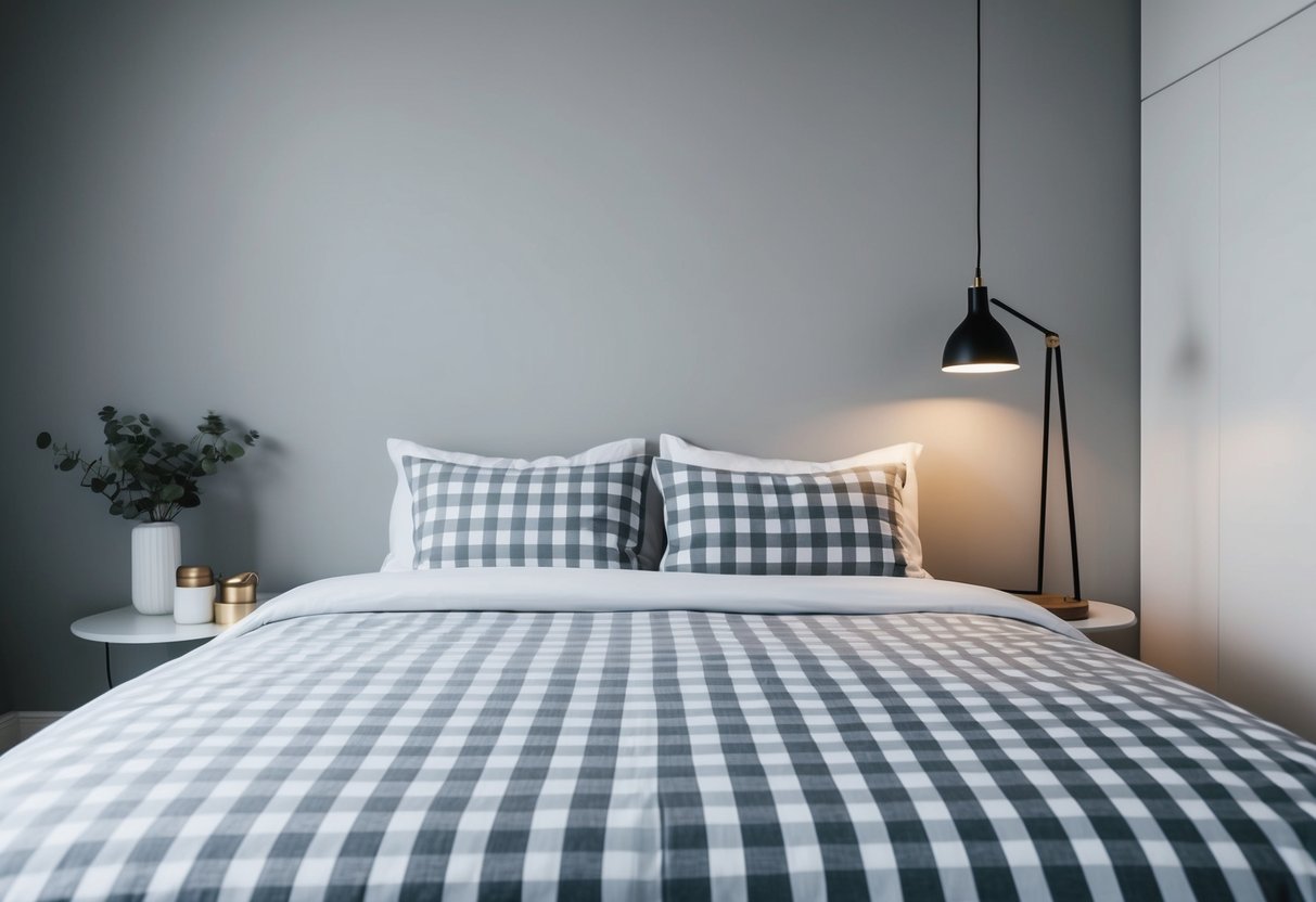 A cozy gray checkered bedspread in a minimalist gray bedroom with modern decor and soft lighting