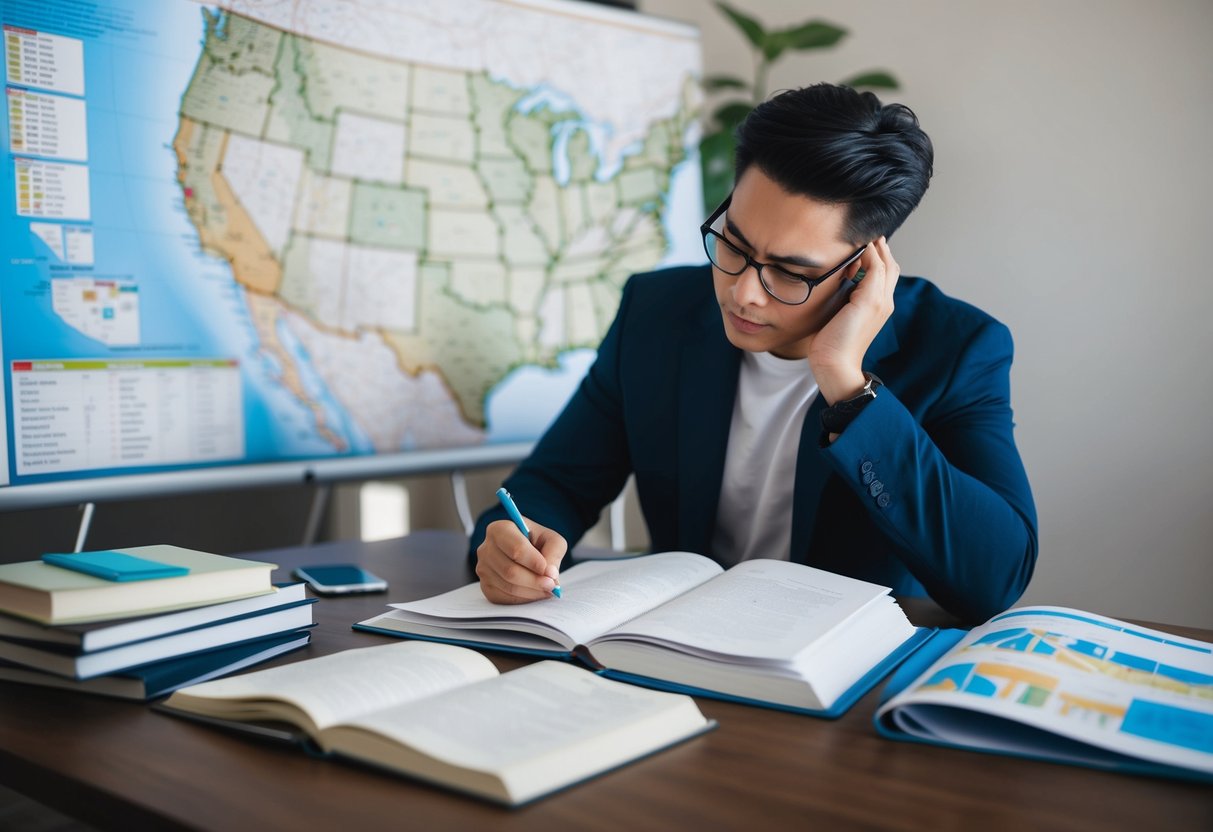 A person studying books and notes at a desk with a California map and real estate diagrams