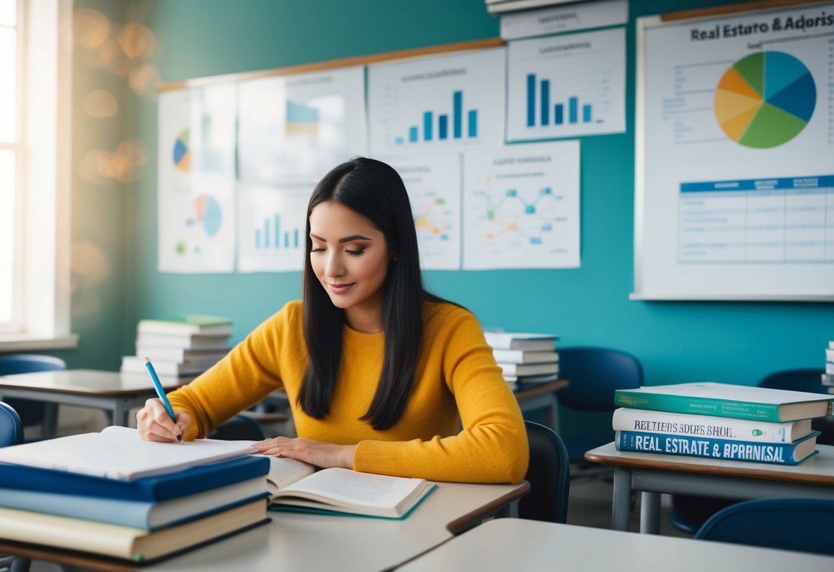 A person studying in a classroom with real estate and appraisal textbooks, charts, and diagrams on the wall