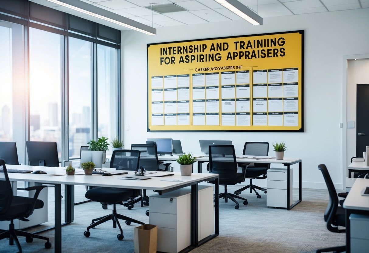 A bright, open office space with a large bulletin board filled with internship and training opportunities for aspiring appraisers. Multiple desks and workstations are set up for career advancement discussions