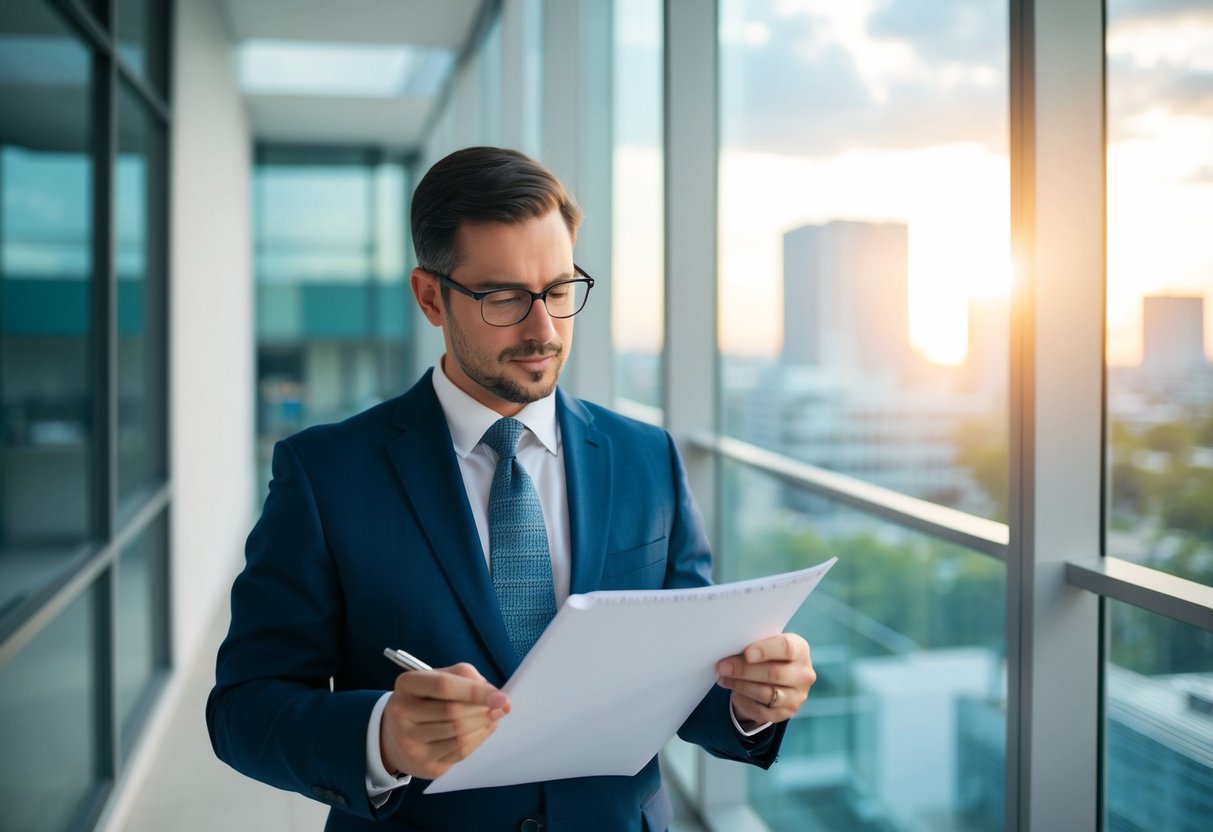 A commercial real estate appraiser carefully inspects a large office building, taking notes and measurements of the property's exterior and interior features