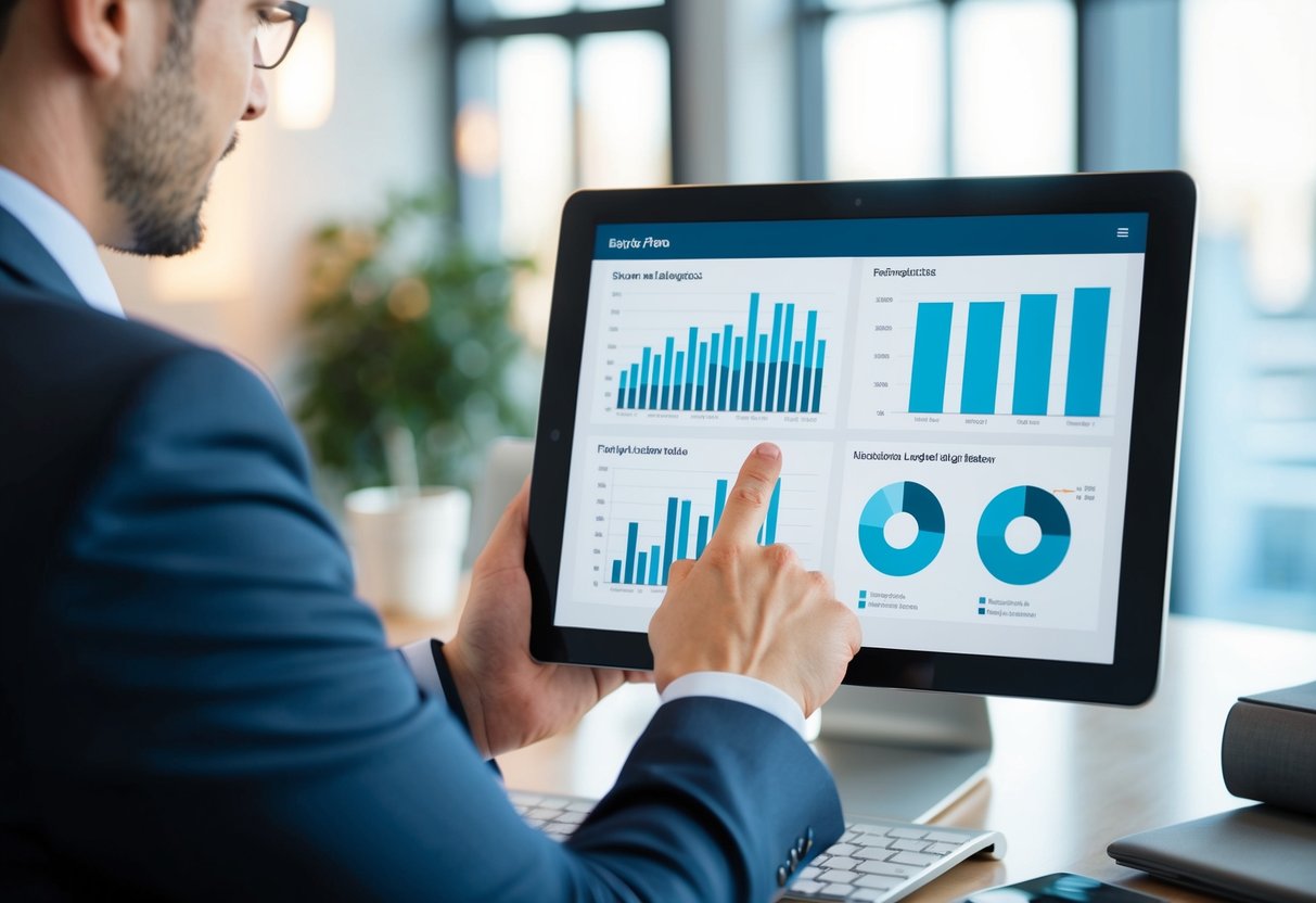 A person using a tablet to analyze real estate data in an office with charts and graphs on the computer screen