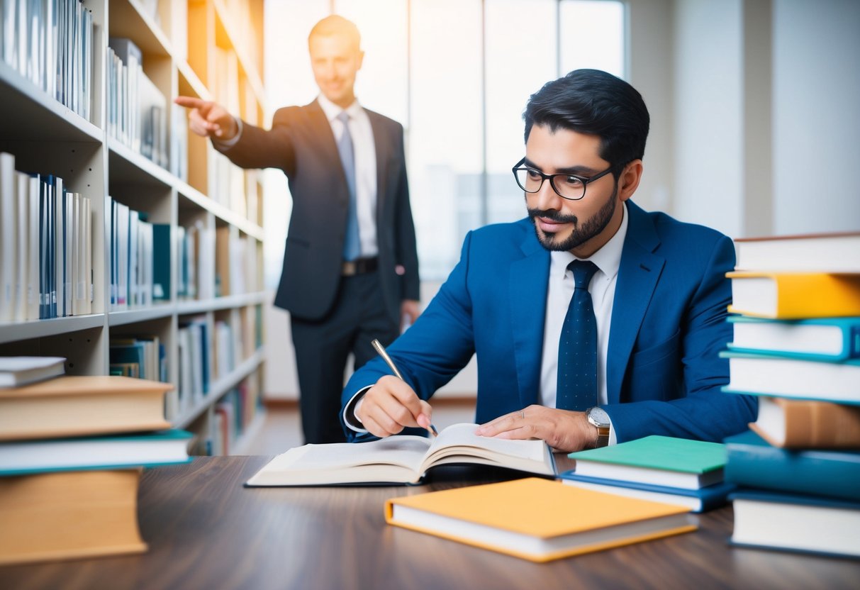 A real estate appraiser studying a pathway of books and educational materials, guided by a mentor figure pointing the way