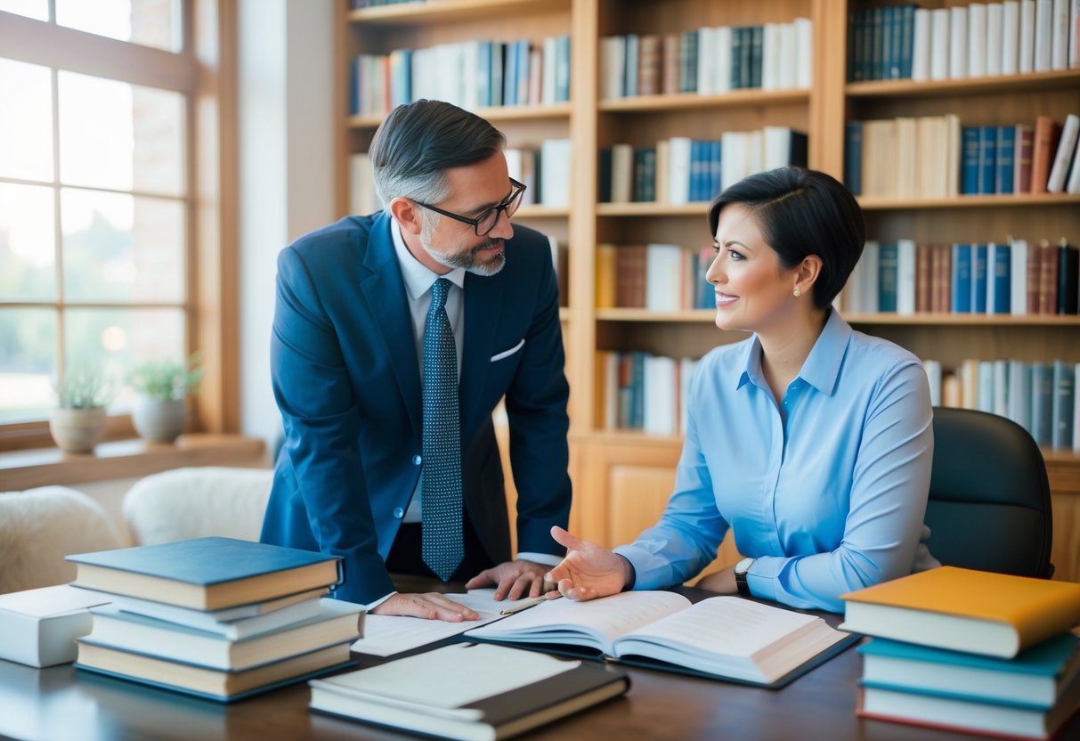 A real estate appraiser discussing with a mentor in a cozy office surrounded by books and reference materials