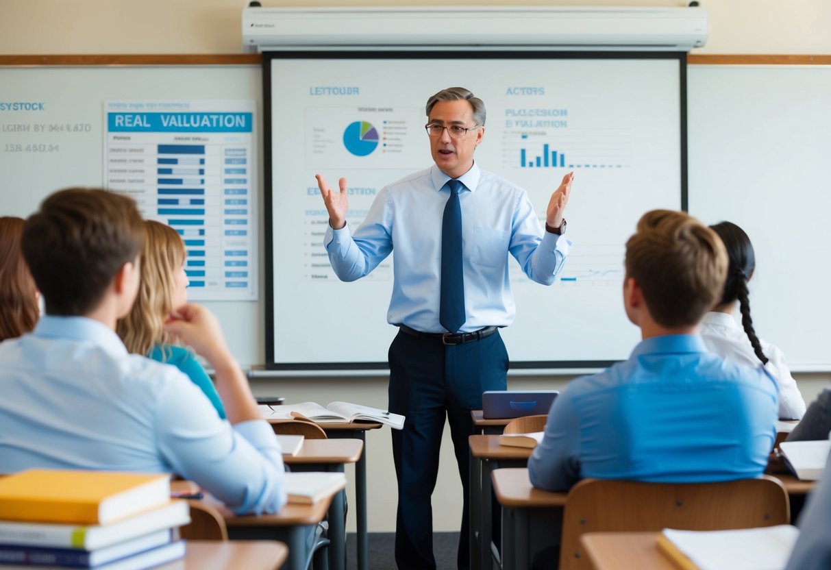 A classroom setting with a lecturer discussing real estate valuation, surrounded by textbooks and charts