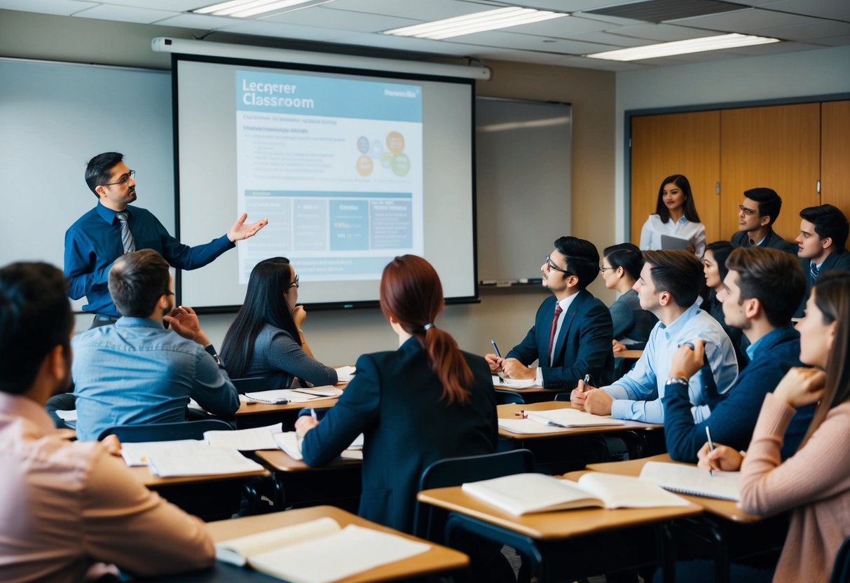 A classroom setting with a lecturer presenting on a projector screen, surrounded by students taking notes and engaged in discussion