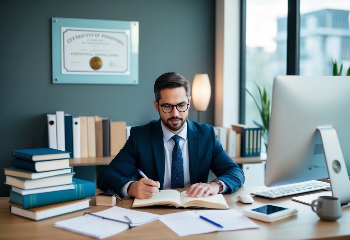 A real estate appraiser studying at a desk surrounded by books, a computer, and notes. A certificate of continuing education hangs on the wall