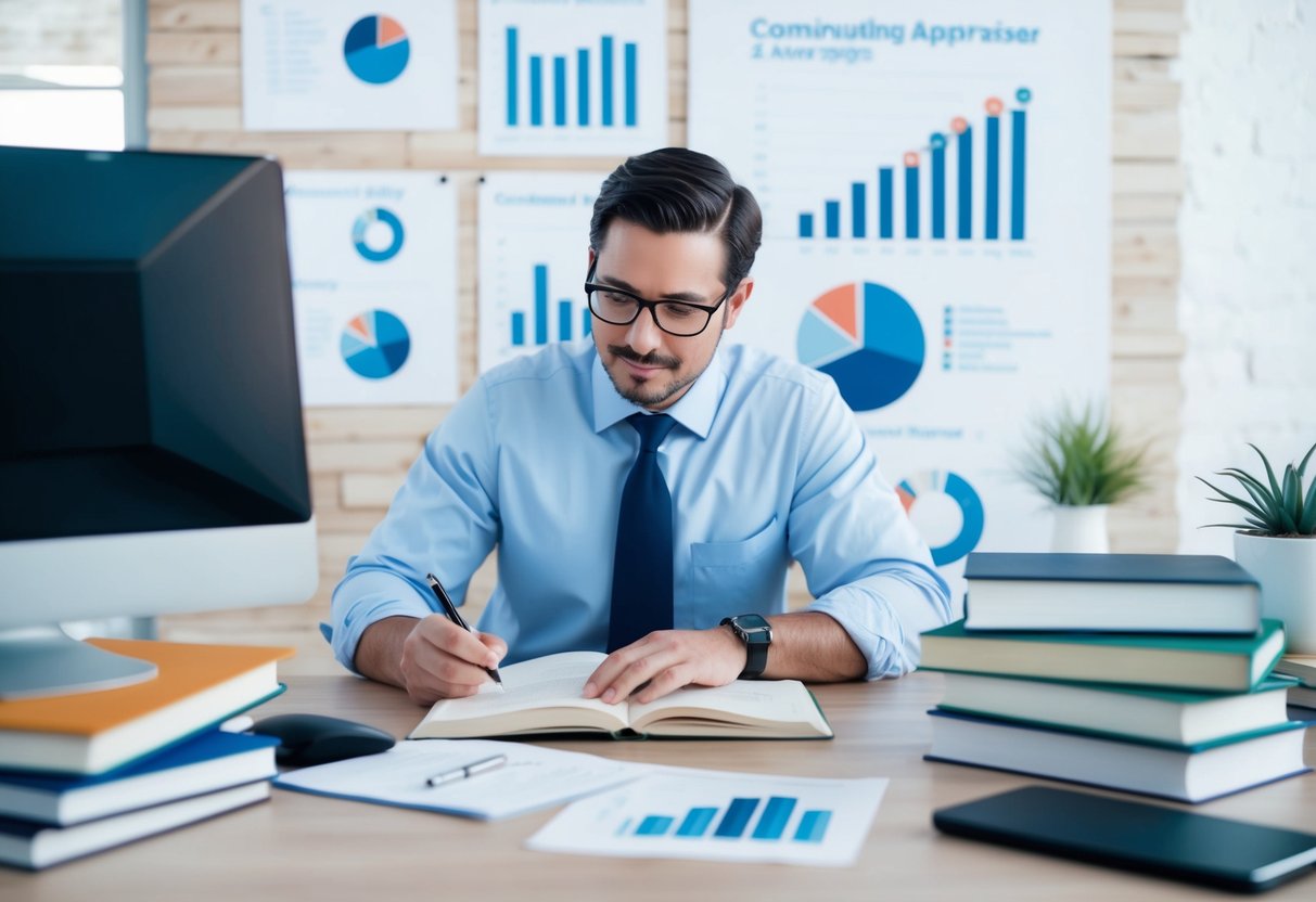 A real estate appraiser studying at a desk with books, computer, and notes, surrounded by charts and graphs, representing professional growth and career advancement through continuing education