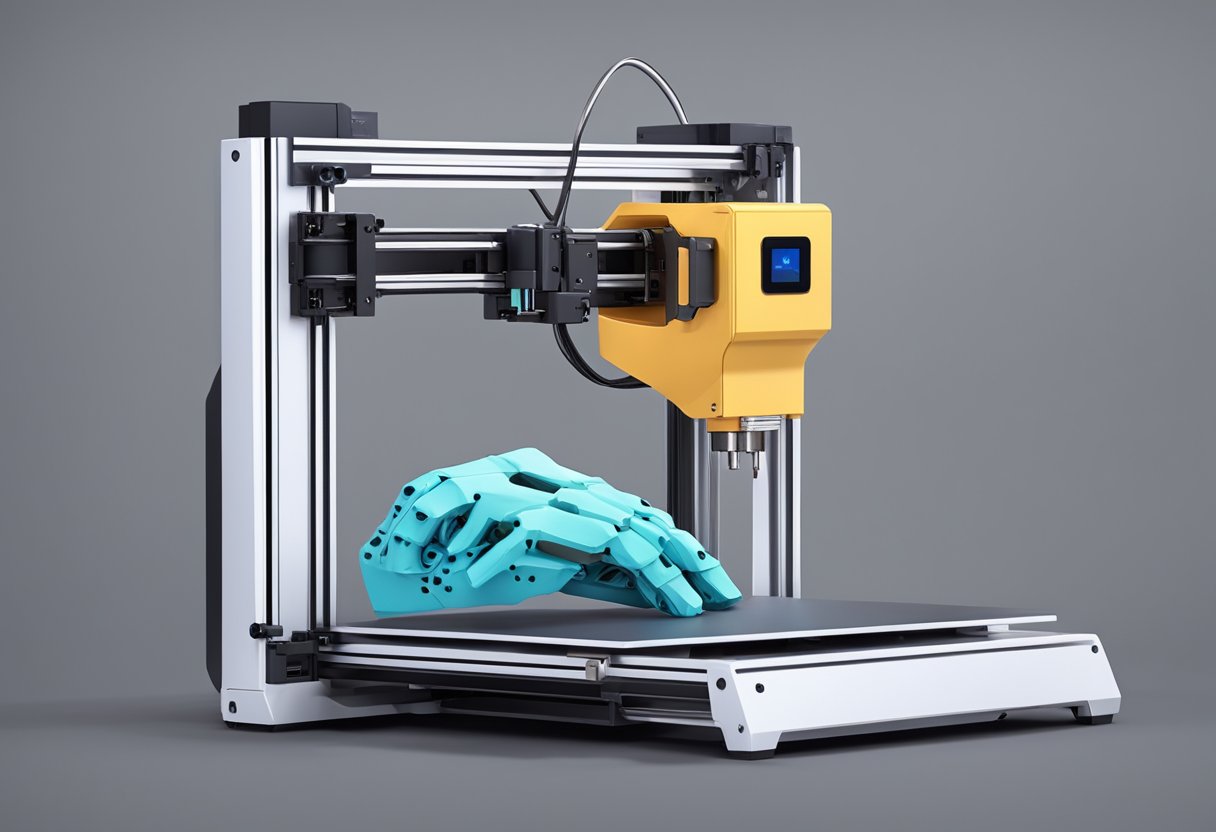 A 3D printer creating a detailed model of a functioning prosthetic hand