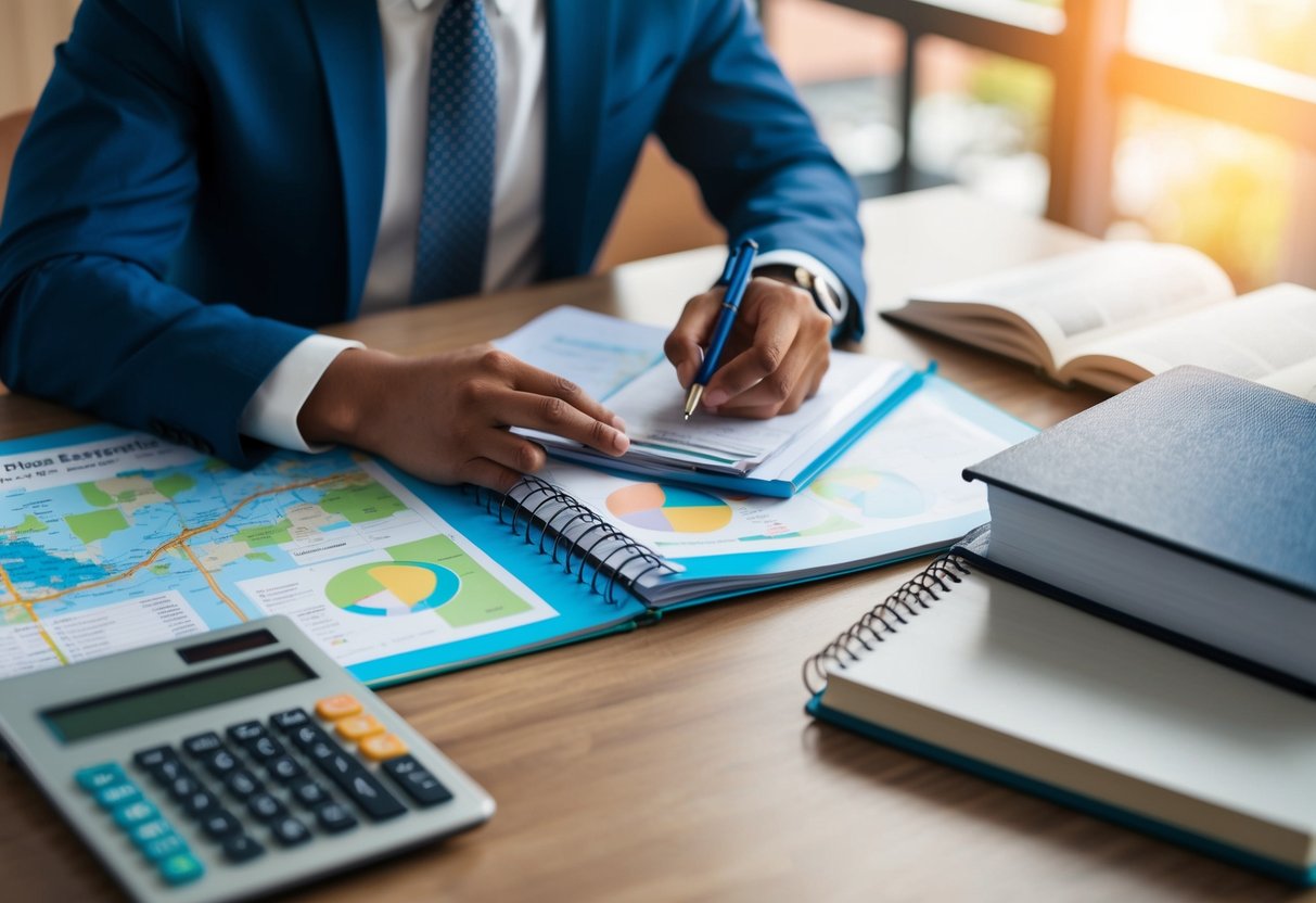 A person studying real estate appraisers' requirements with a map, calculator, and textbooks spread out on a desk