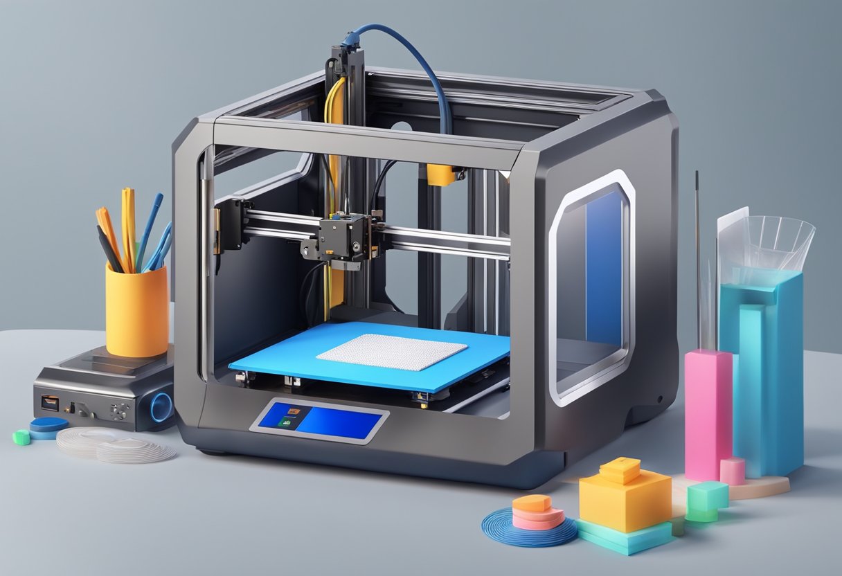 A 3D printer in action, creating intricate and detailed objects layer by layer, surrounded by various materials and tools