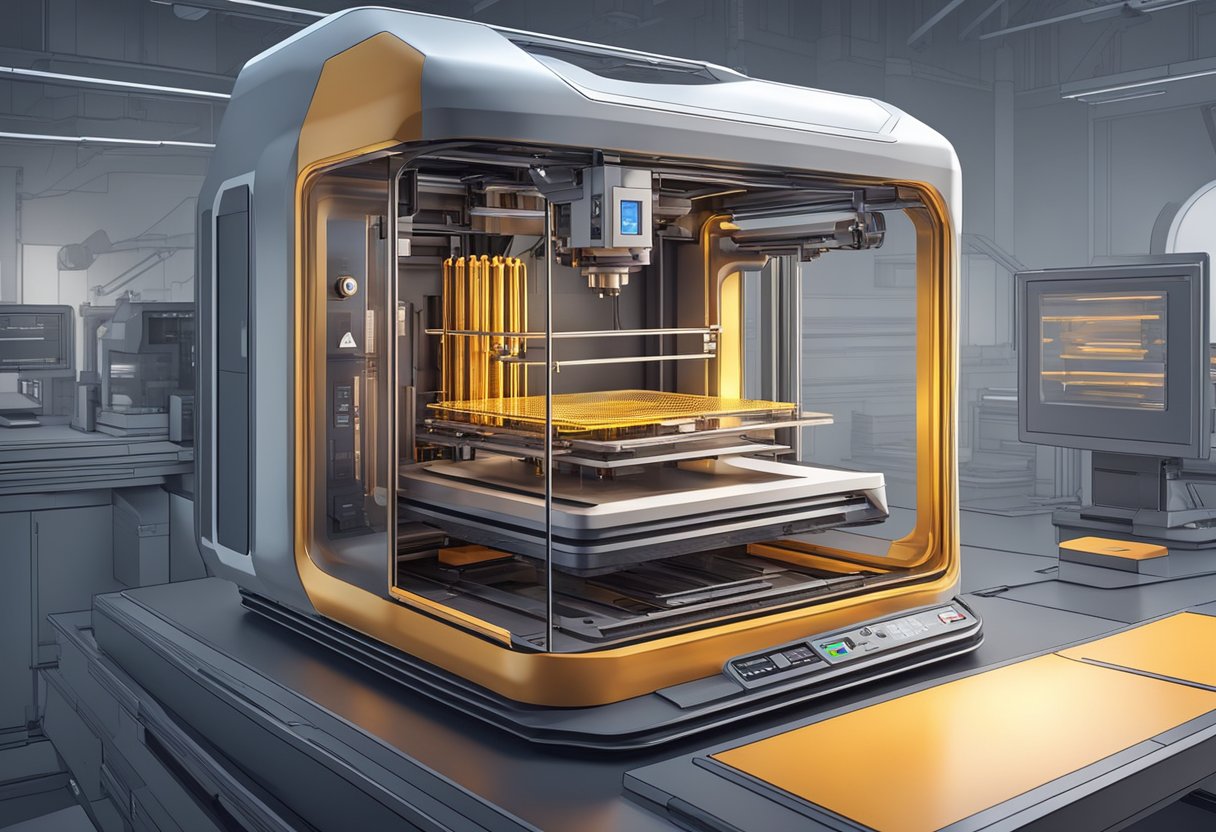 A futuristic 3D printer creating intricate and complex objects with precision and speed