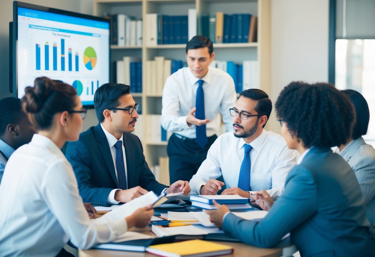 A group of professionals engaged in a discussion, surrounded by books and reference materials, with charts and graphs displayed on a nearby screen