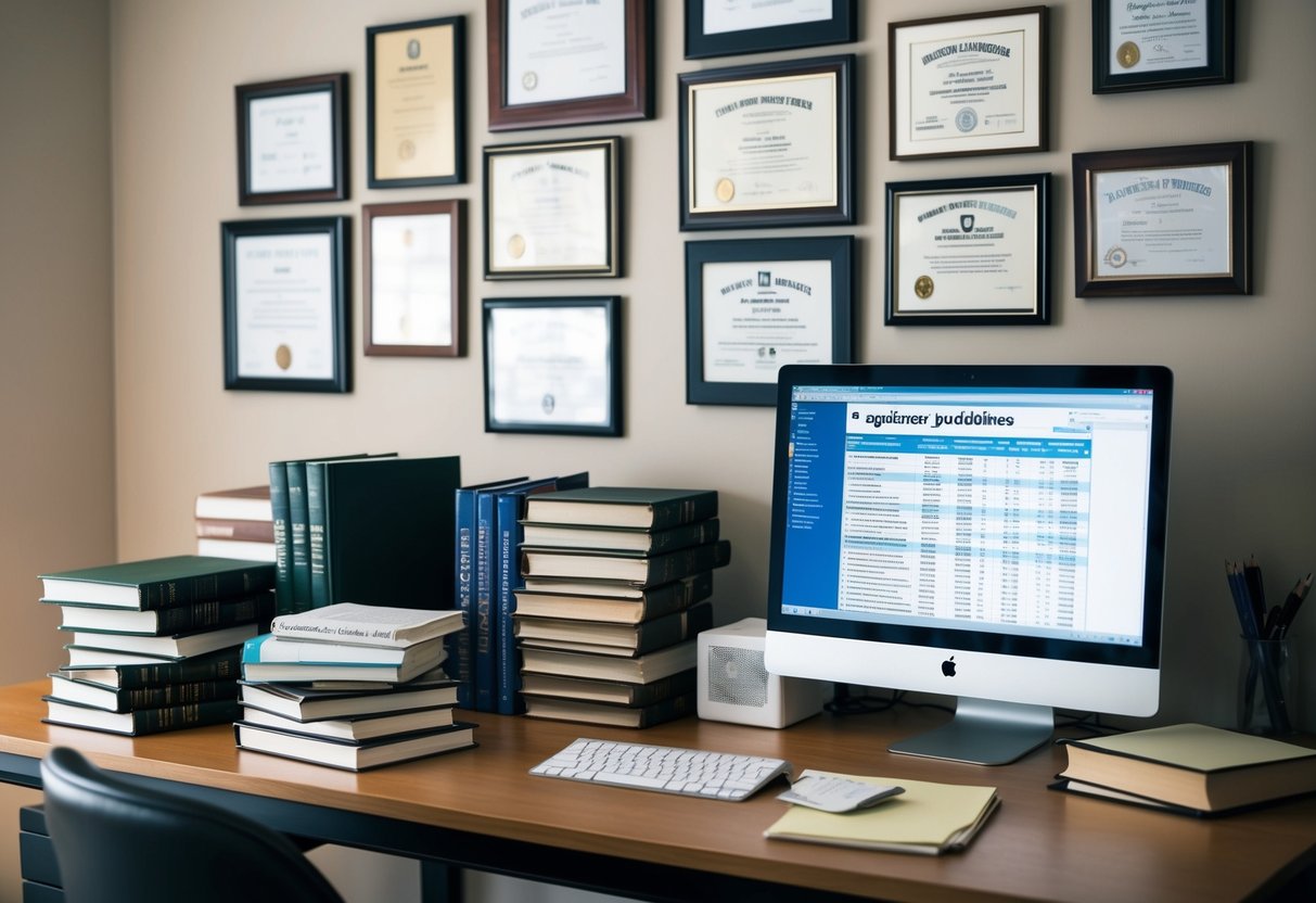 A desk cluttered with appraisal textbooks, a computer displaying regulatory guidelines, and a wall covered in framed certificates and licenses