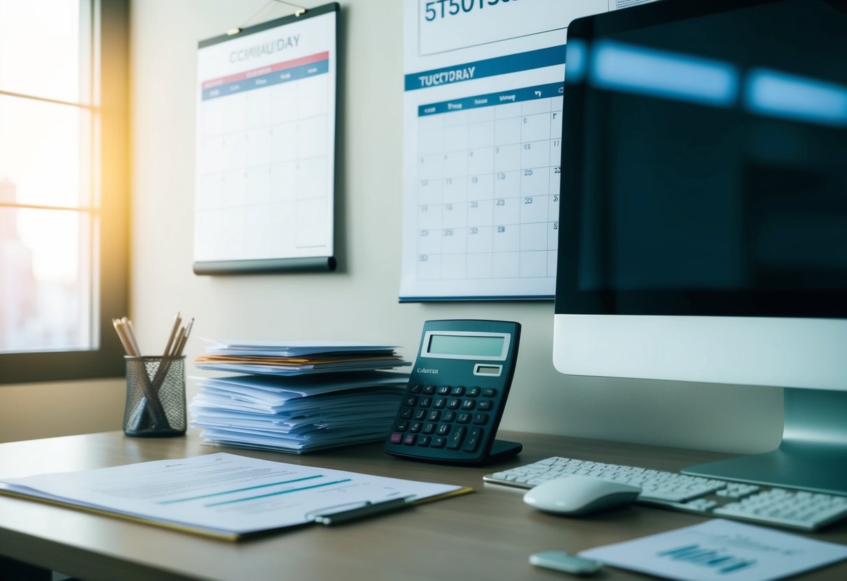 A desk with a computer, calculator, and stack of paperwork. A diploma and certification hanging on the wall. A calendar with highlighted dates