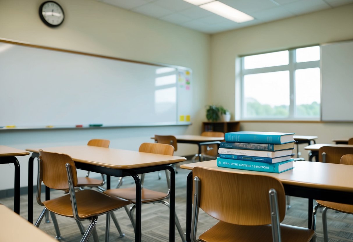 A modern classroom with a whiteboard, desks, and chairs arranged neatly. A stack of textbooks sits on a table in the corner