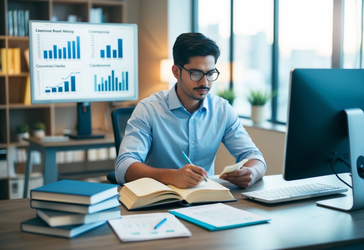 A person studying at a desk with books, notes, and a computer, surrounded by charts and graphs related to commercial real estate appraisal