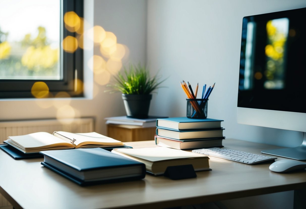 A desk with study materials, a computer, and a stack of books. A window with sunlight streaming in, illuminating the room