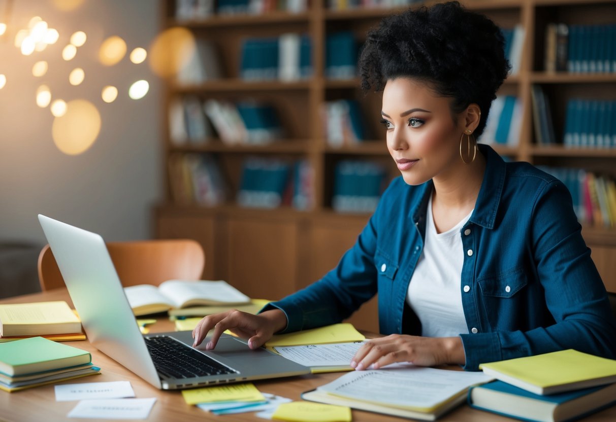 A person studying at a desk with books, notes, and a laptop. Flashcards and study materials are organized around them, and they appear focused and determined