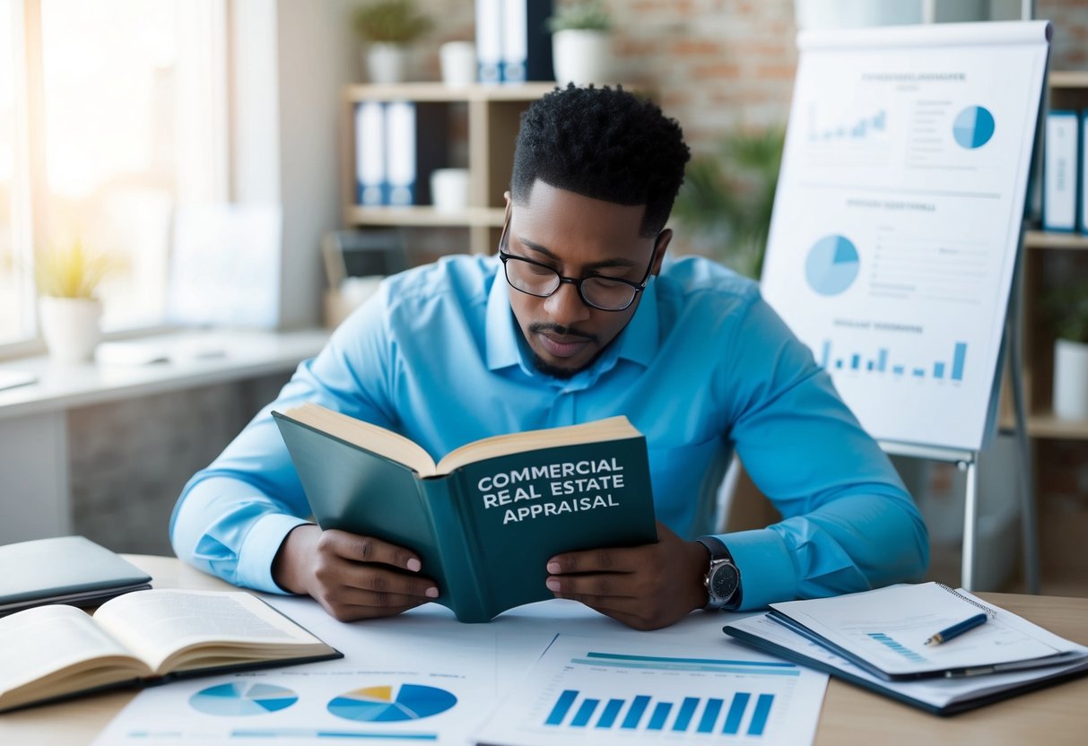 A person studying a textbook on commercial real estate appraisal, surrounded by charts, graphs, and reference materials