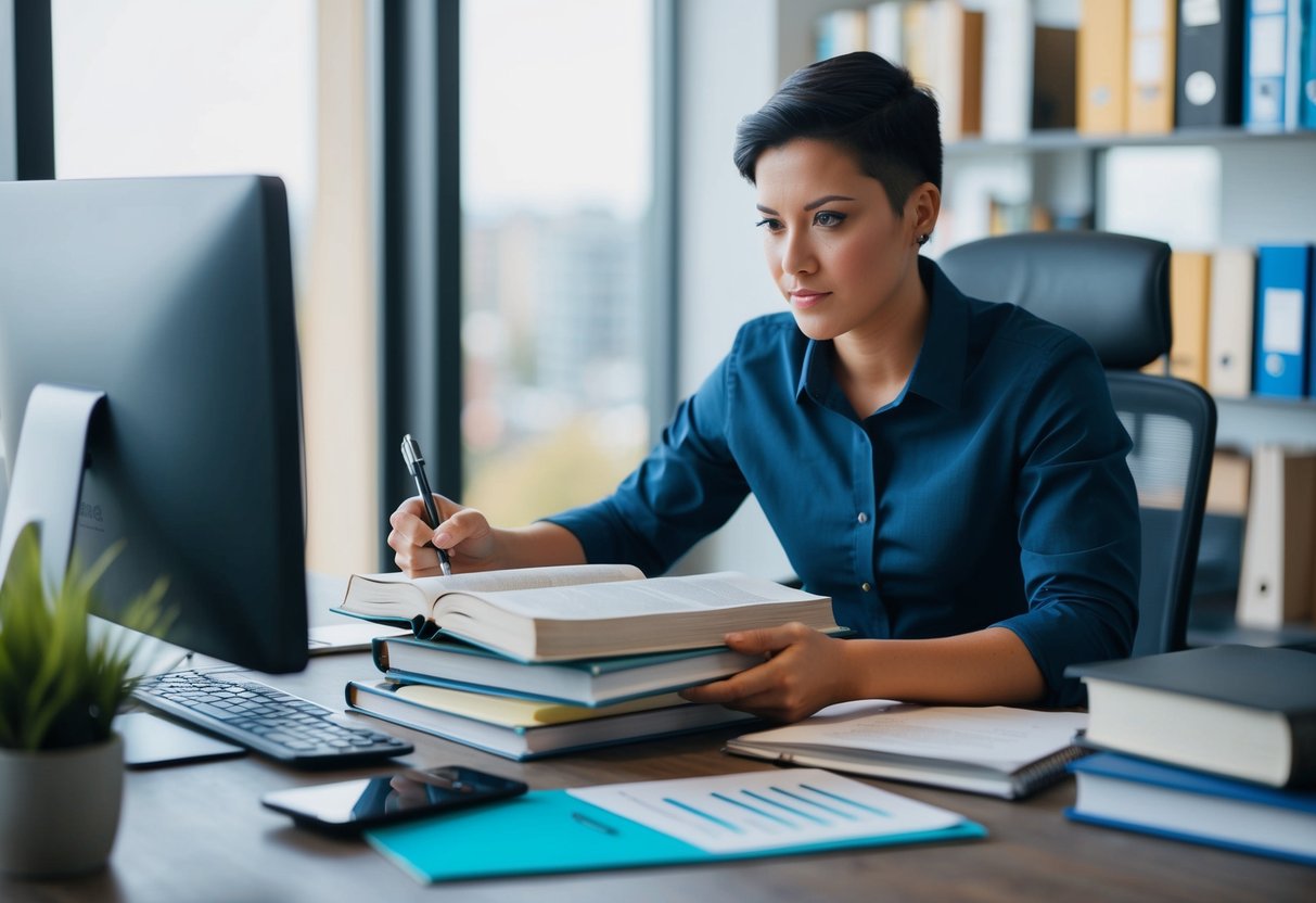 A person studying a thick textbook on real estate appraising, surrounded by reference materials and a computer, with a focused and determined expression