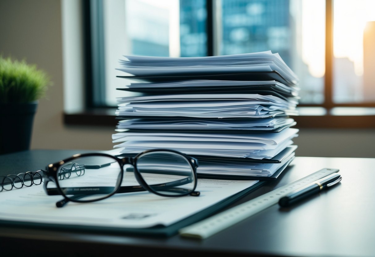 A stack of official documents and a pair of glasses on a desk, with a ruler and a pen next to them