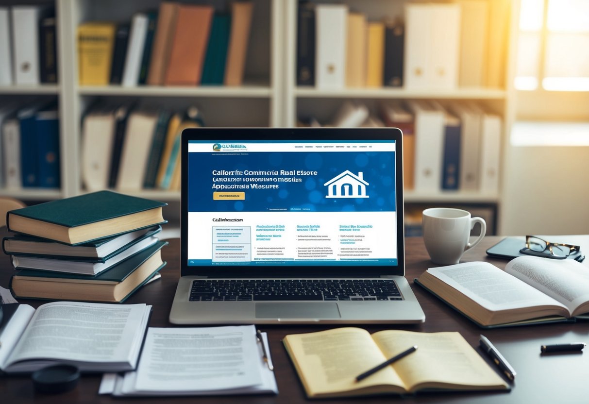 A cluttered desk with open books, study materials, and regulatory documents. A laptop displaying the California Commercial Real Estate Appraiser Examination website