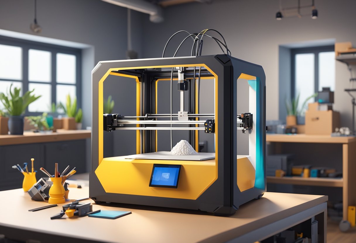 A 3D printer in a well-lit workshop, surrounded by various materials and tools, with a finished 3D printed object on display