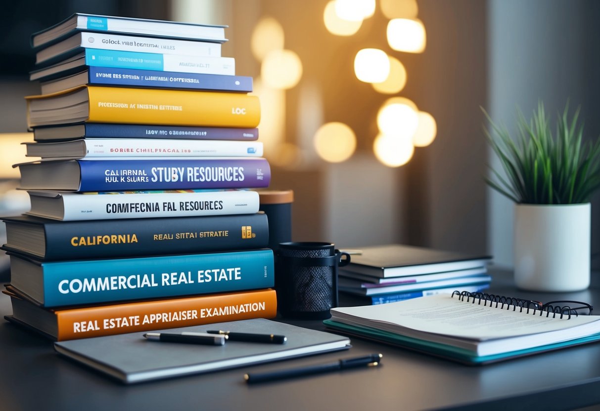 A desk covered in study materials, textbooks, and resources for the California Commercial Real Estate Appraiser Examination