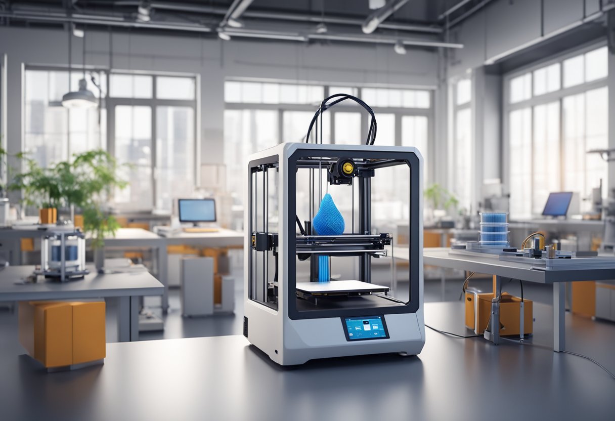 A 3D printer in a modern laboratory, creating intricate structures with advanced materials. Various spools of filament and technical equipment surround the machine