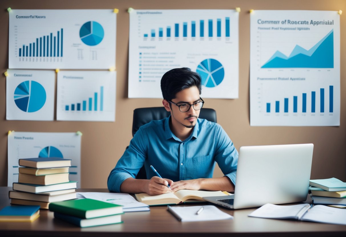 A person studying at a desk with books, notes, and a laptop surrounded by charts, graphs, and diagrams related to commercial real estate appraisal