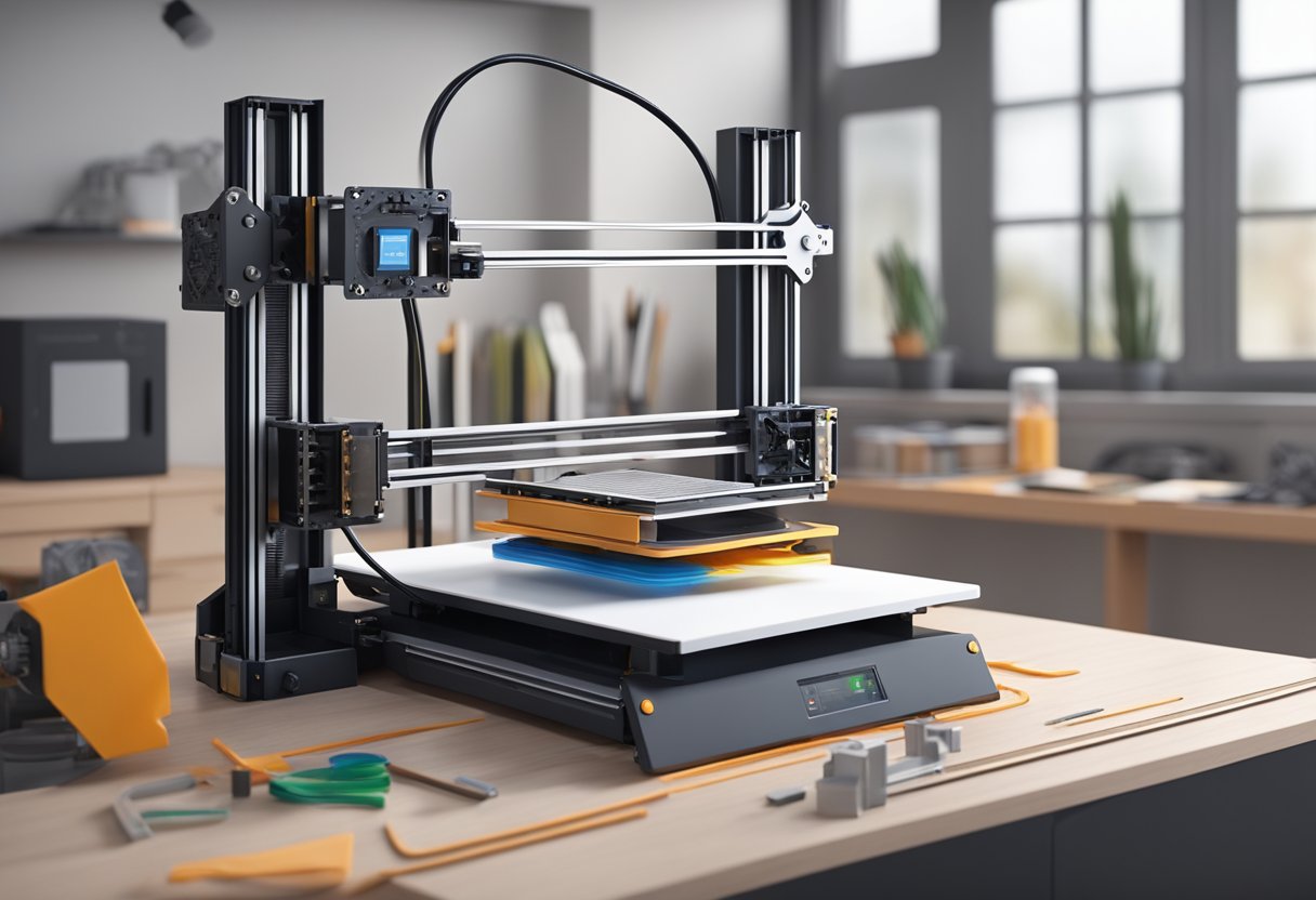 A 3D printer creating a complex object using various materials, with a focus on the intricate layers being built up to form the final product