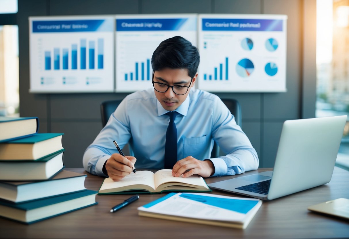 A person studying at a desk with books, notes, and a laptop open, surrounded by charts and graphs related to commercial real estate appraisal