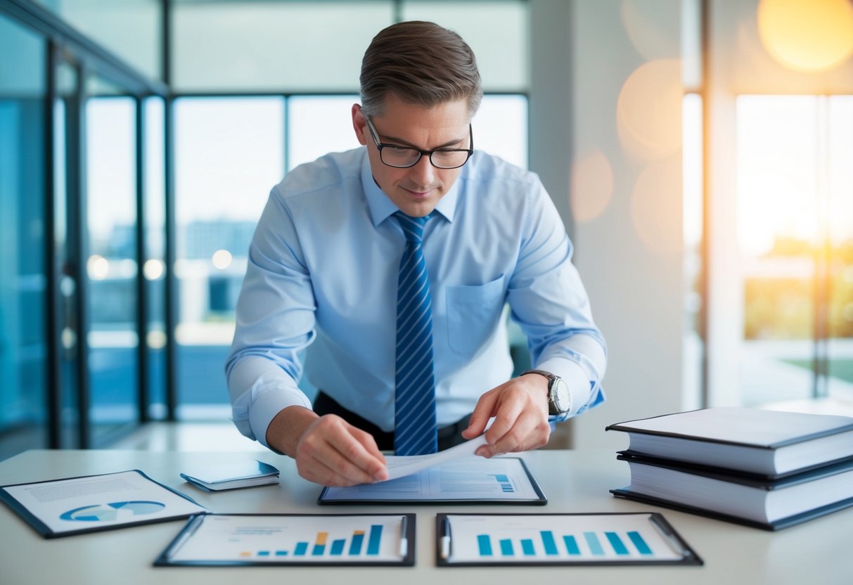 A commercial real estate appraiser carefully examining a property, surrounded by professional standards and ethical guidelines