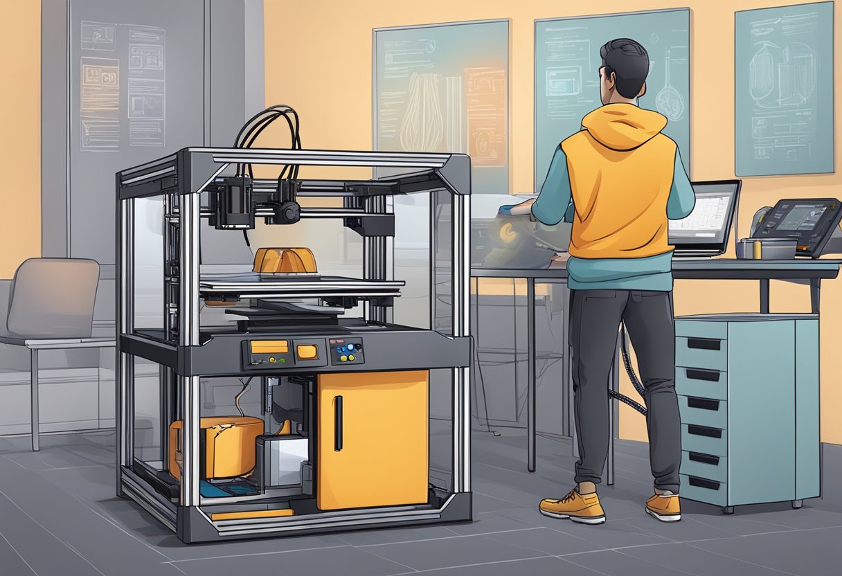 A person operating a 3D printer, with various tools and materials around them