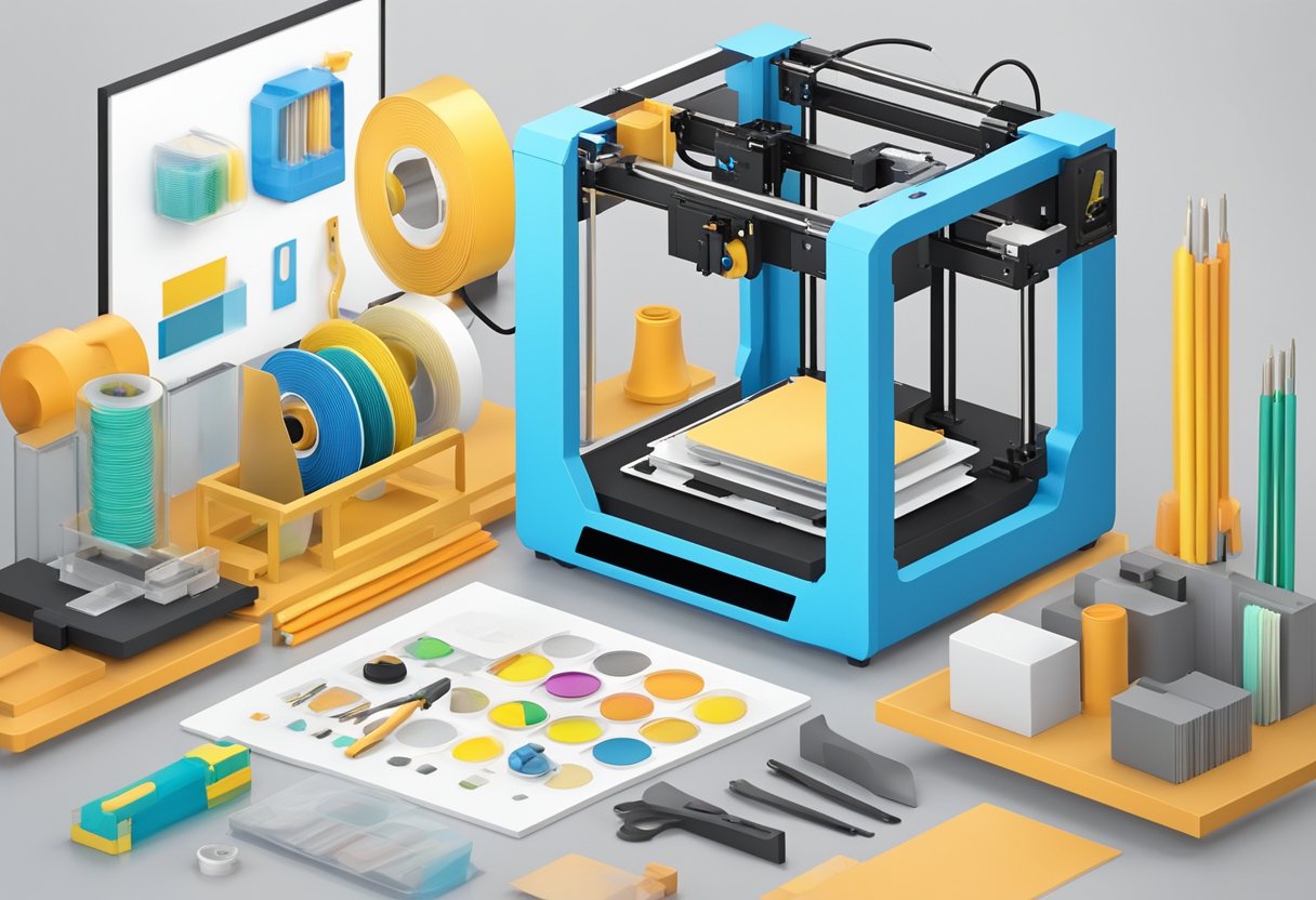 A 3D printer stand with various tools and materials neatly organized around it