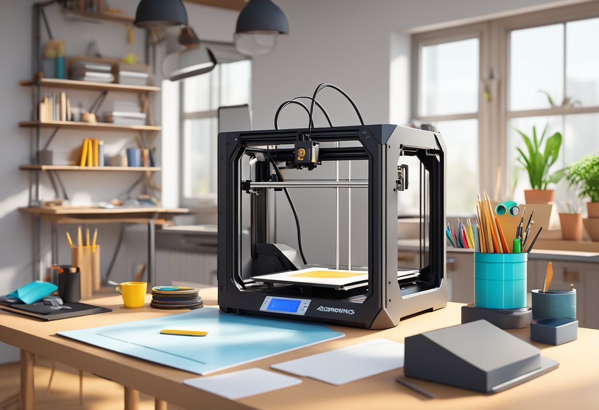 A 3D printer sits atop a sturdy, adjustable stand in a well-lit, organized workspace with various tools and materials nearby