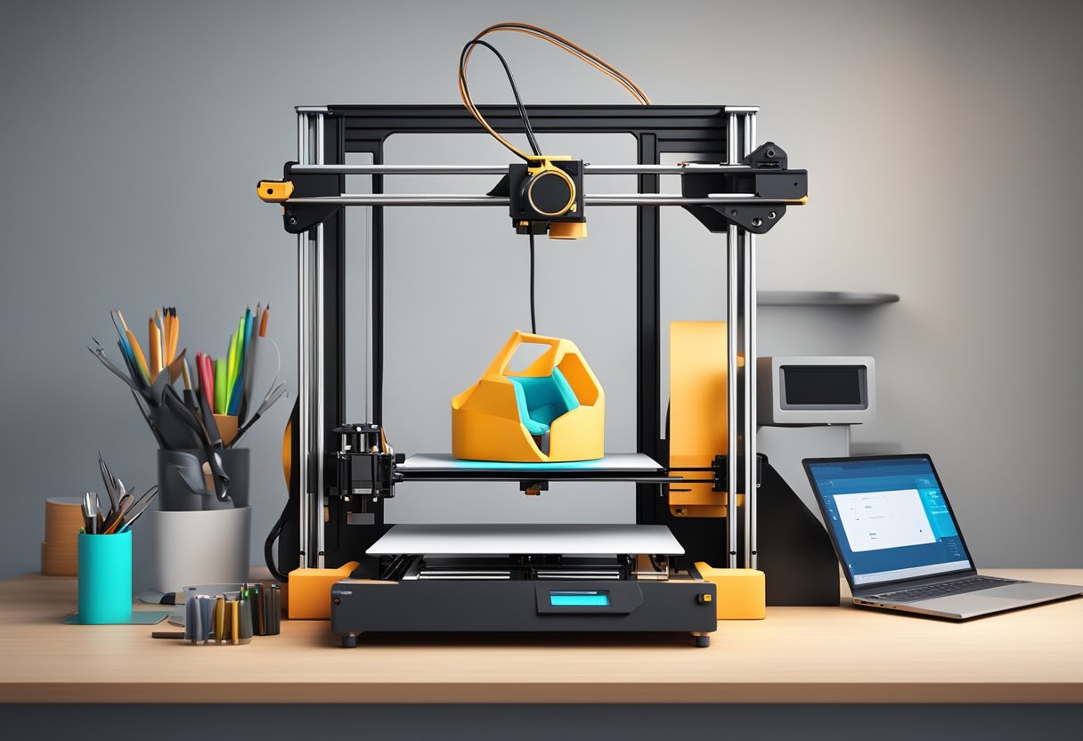 A 3D printer sits on a sleek, modern stand surrounded by various tools and materials, with a computer screen displaying a complex design in progress