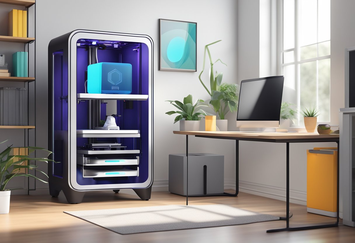 A sleek, modern 3D printer stand with adjustable shelves and storage compartments, placed in a well-lit, organized workspace