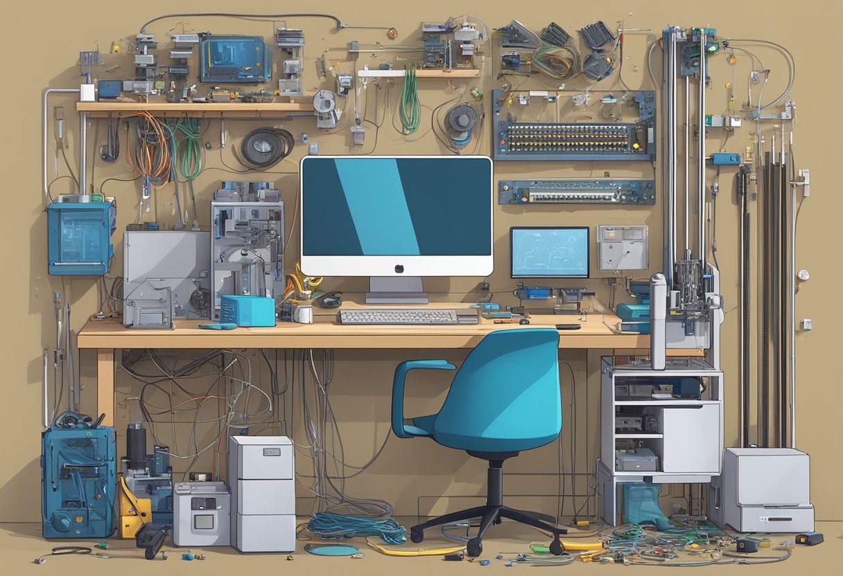 A cluttered workbench holds various 3D printer parts and tools. Wires, circuit boards, and metal components are scattered across the surface