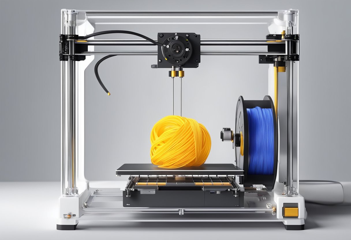 A 3D printer with visible parts like nozzle, build plate, and filament spool, each performing its function in a clear and well-lit environment