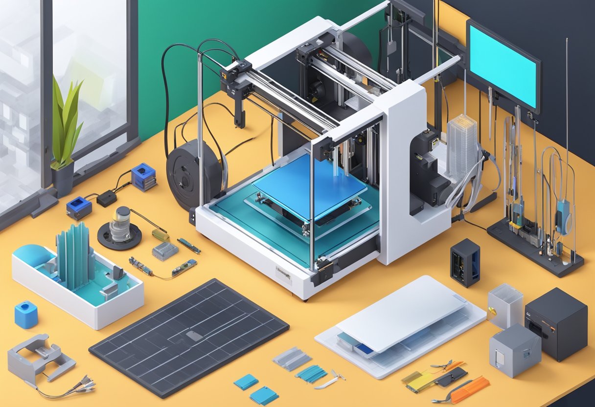 A 3D printer surrounded by various upgrade parts and accessories, with tools and cables scattered around the work area