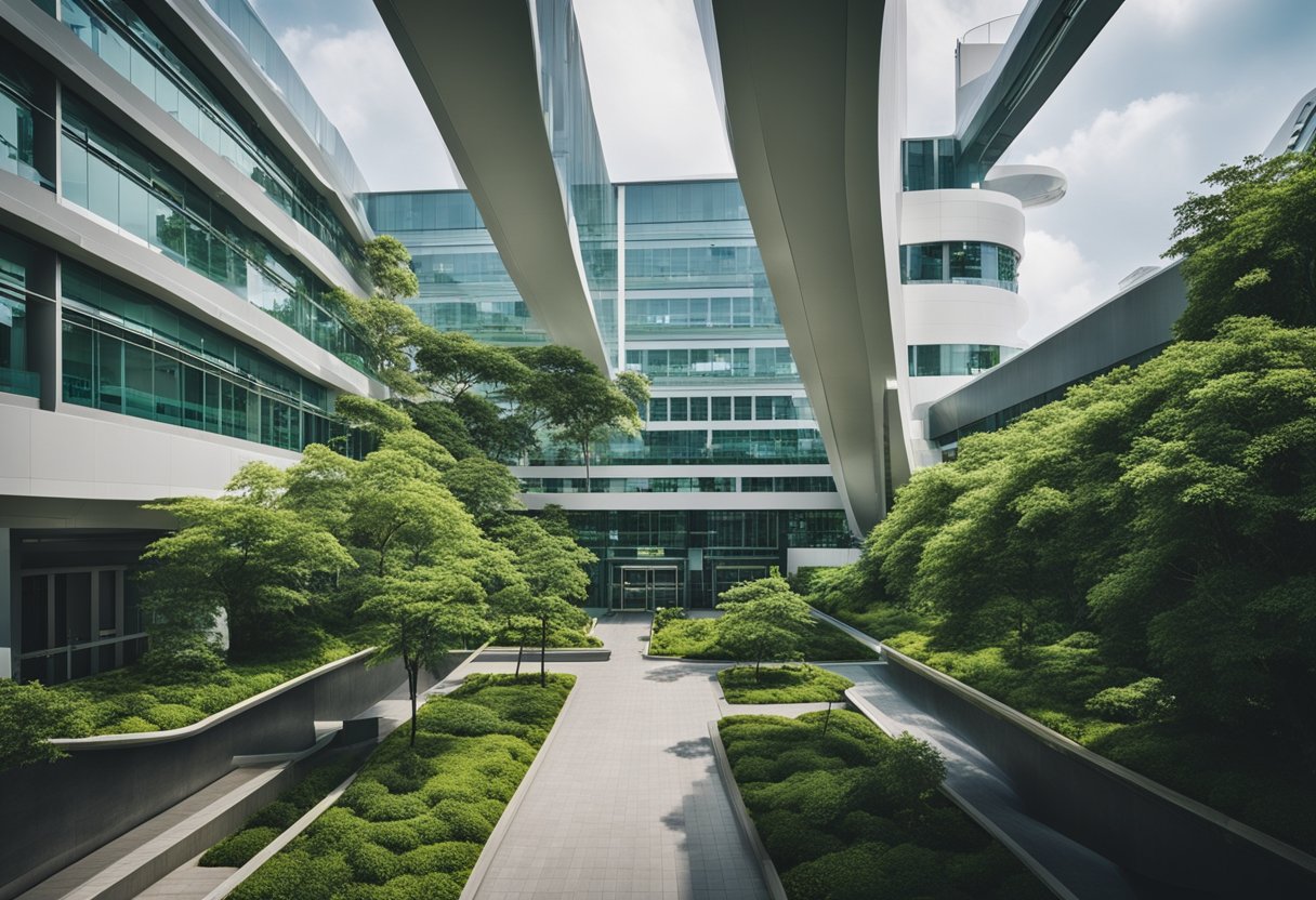 A sprawling hospital complex with modern architecture and lush greenery, bustling with activity and surrounded by a bustling cityscape