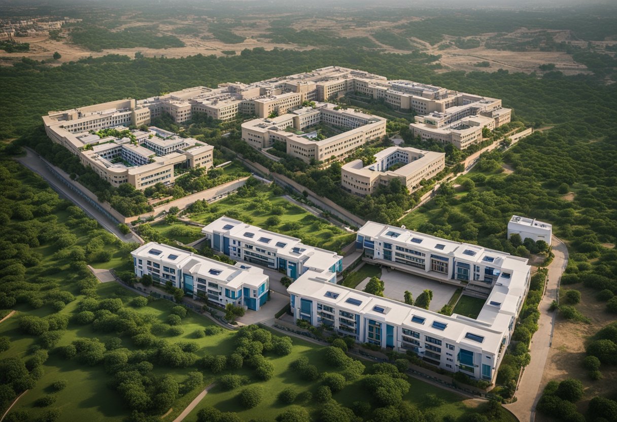 A sprawling, modern hospital complex in Jaipur, with multiple buildings and lush greenery surrounding the area
