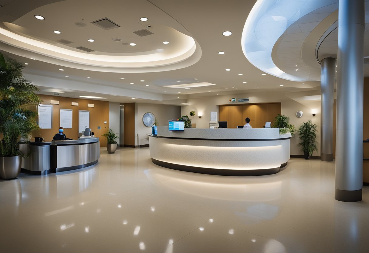 A bustling hospital lobby with patients and families, a reception desk, and a notice board filled with positive reviews and testimonials