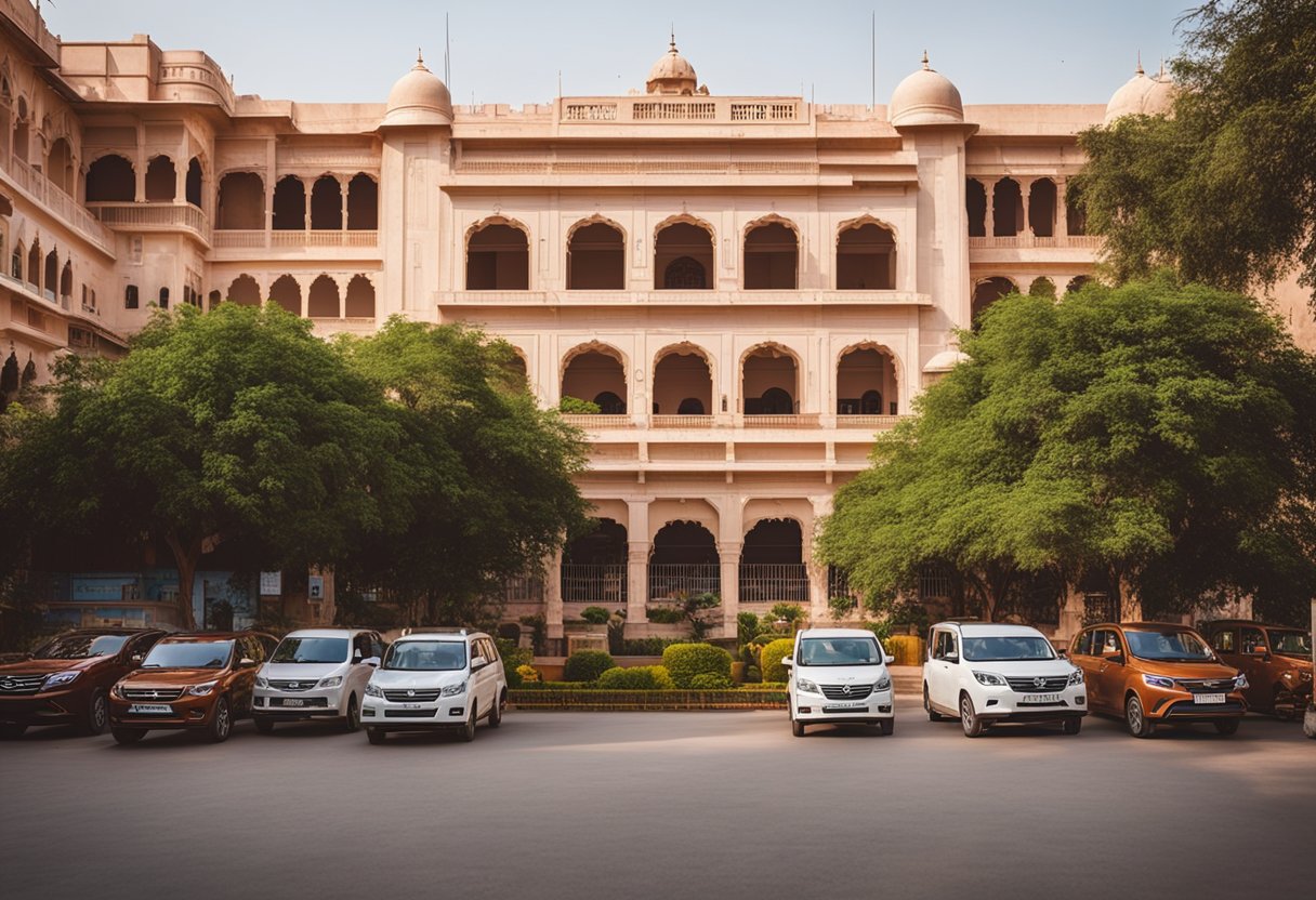 The SMS Hospital in Jaipur, India, with its grand facade and bustling entrance, surrounded by trees and parked vehicles