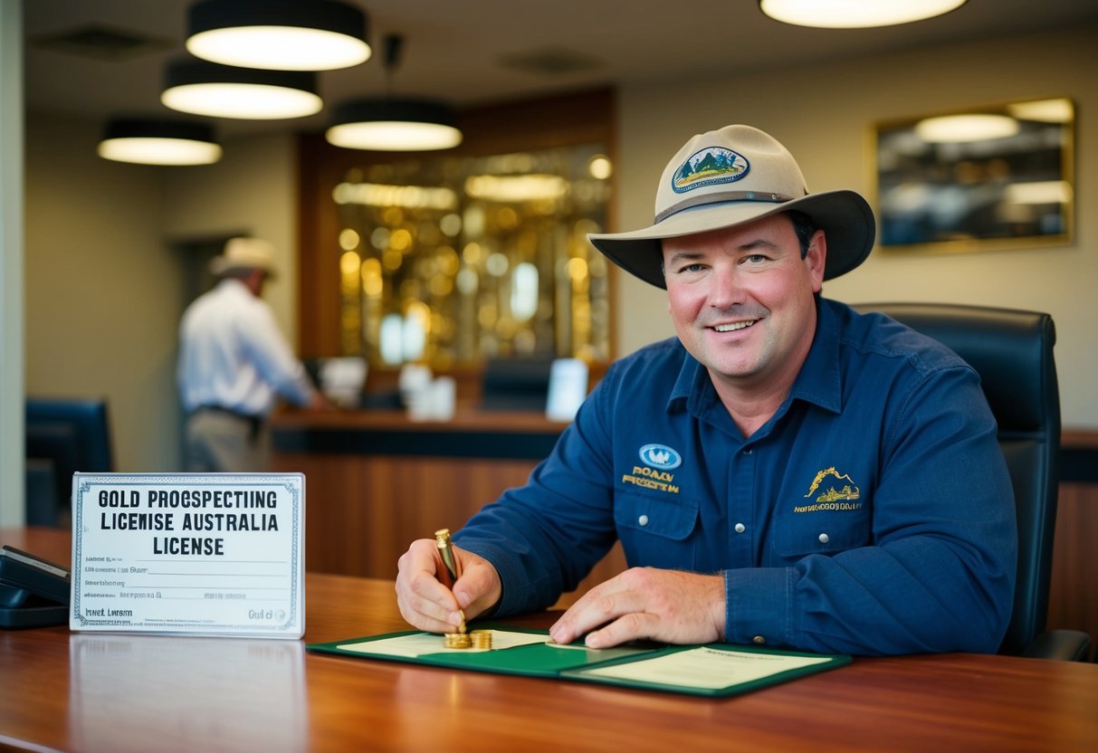 A miner purchasing a gold prospecting license from a government office in Australia