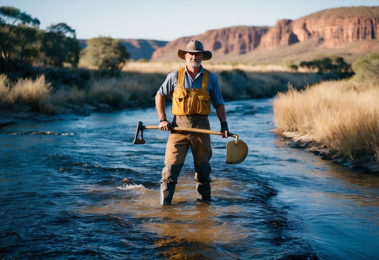 A miner with a pickaxe and gold pan stands in a flowing river, surrounded by rugged Australian outback scenery