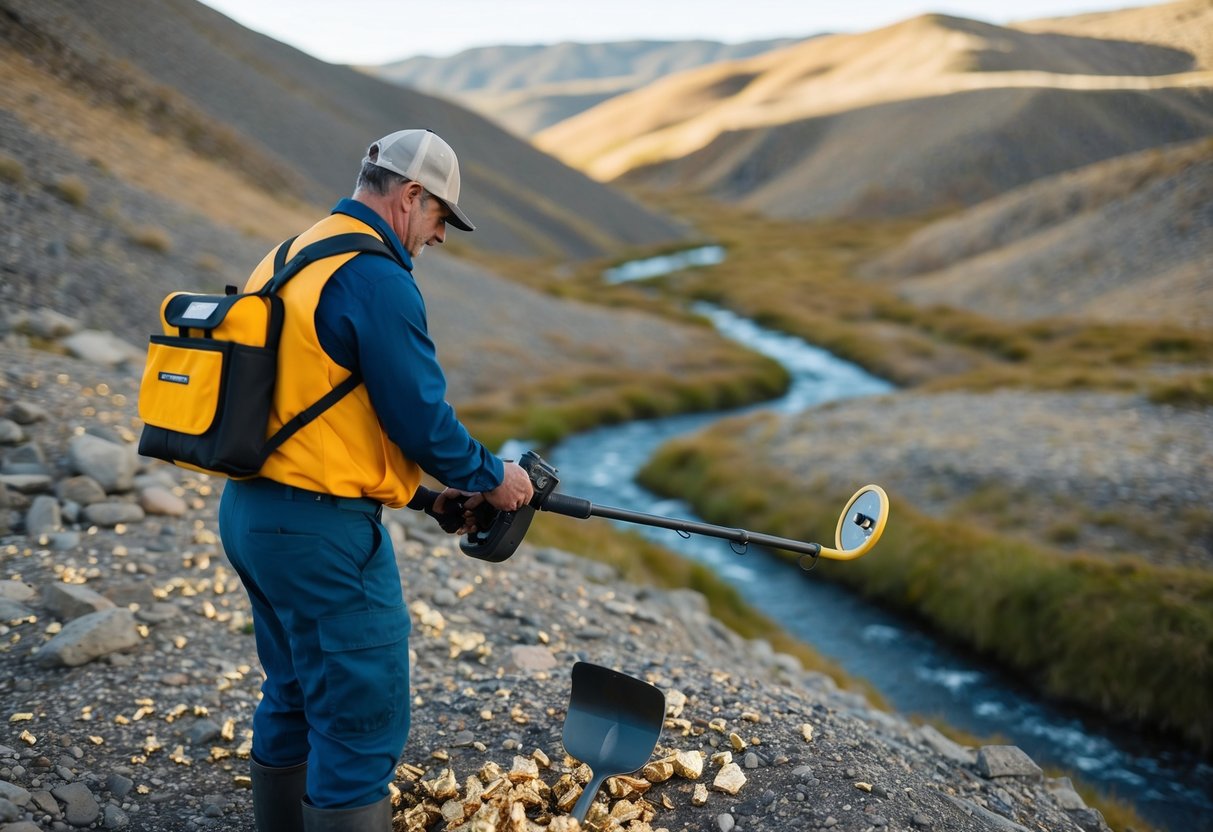 A prospector with a metal detector and shovel searches for gold nuggets on a rugged landscape, with rolling hills and a creek running through the area