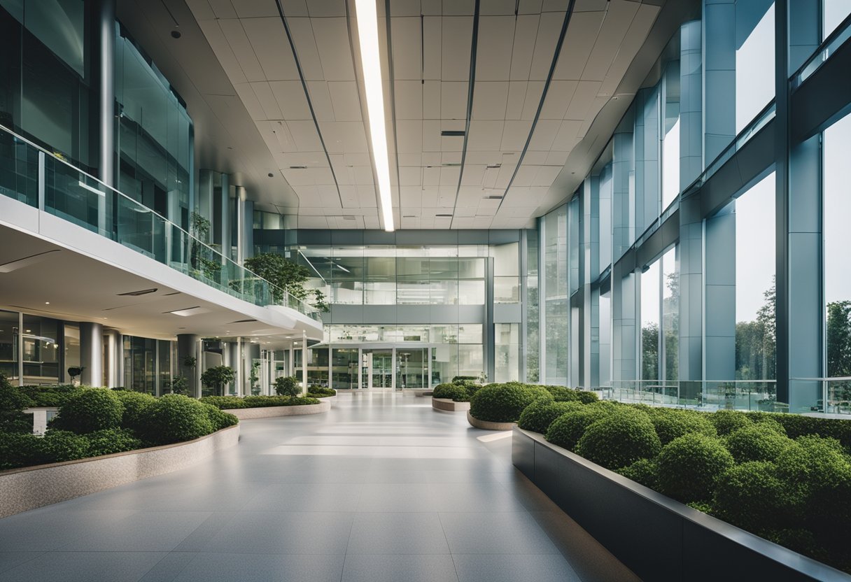 A modern hospital building with a spacious entrance and lush landscaping, surrounded by a bustling cityscape